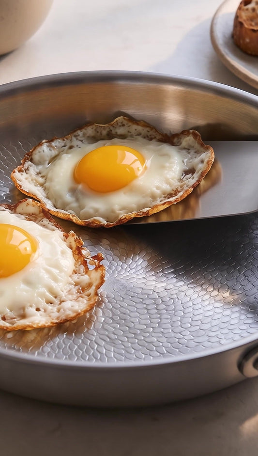 Eggs releasing cleanly from solid titanium pan — no coating