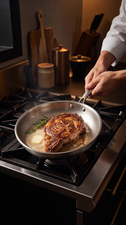 Hands cooking with a solid titanium Chef's Pan
