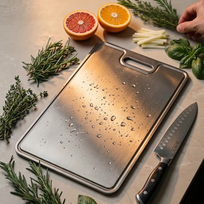 Titanoré Labs titanium cutting board — mise en place with herbs and citrus