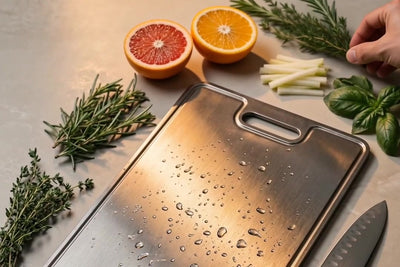 Titanoré Labs titanium cutting board — prep scene landscape