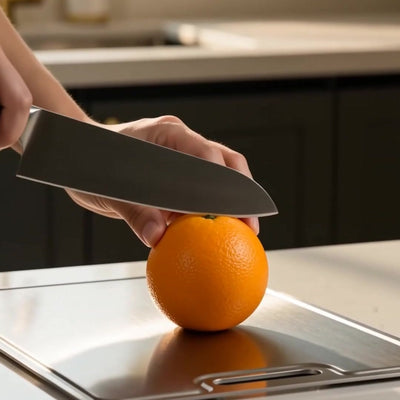 Titanoré Labs titanium cutting board — slicing citrus
