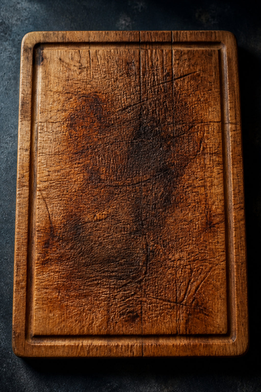 Deep grooves in a worn cutting board
