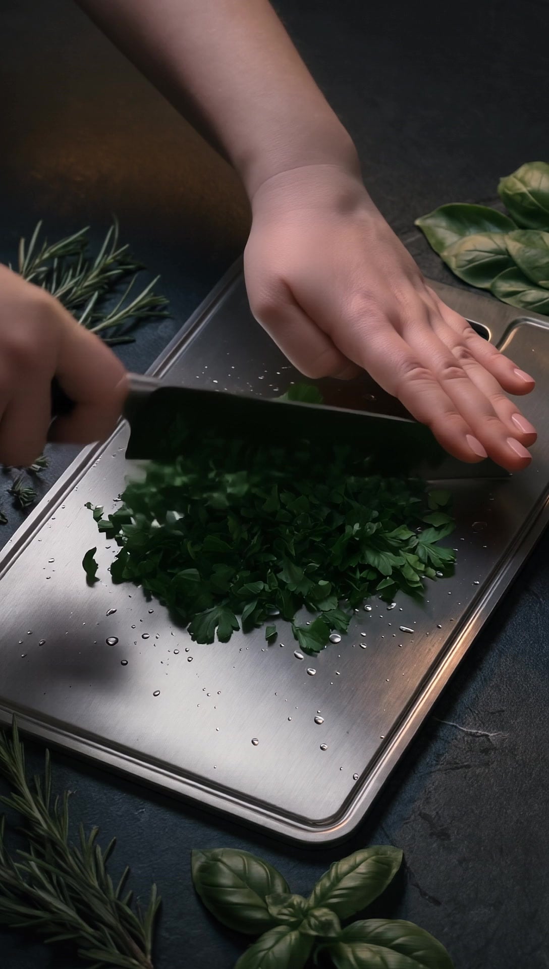 Chopping fresh herbs on titanium board