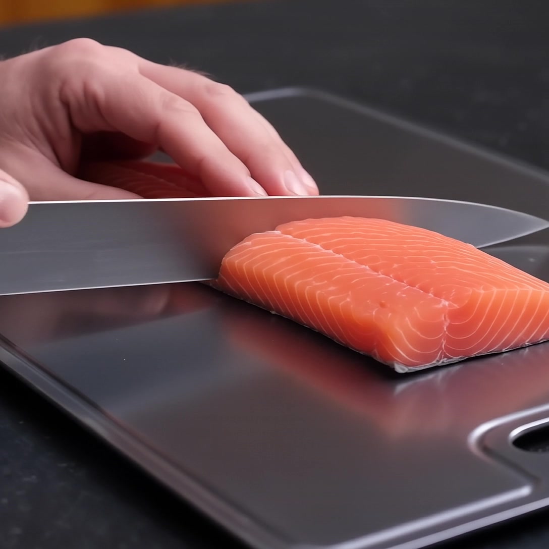 Preparing salmon on titanium cutting board