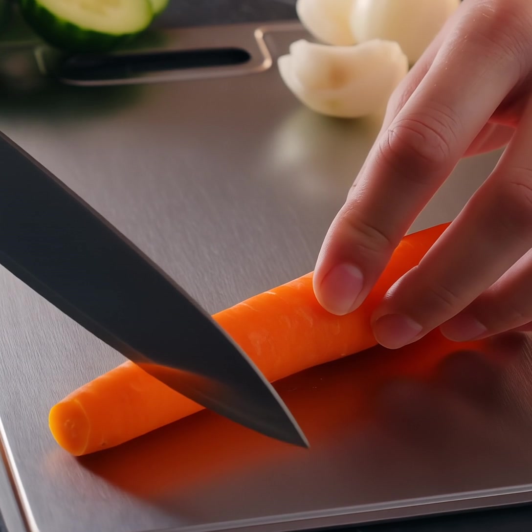 Slicing vegetables on solid titanium cutting board